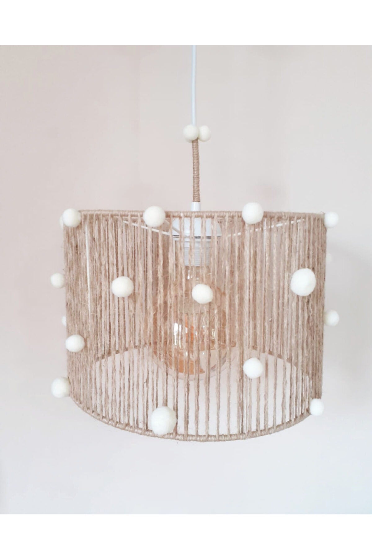 Wicker Rope Wrapped Ecru Pompom Baby And Children'S Room Pendant Lamp Chandelier