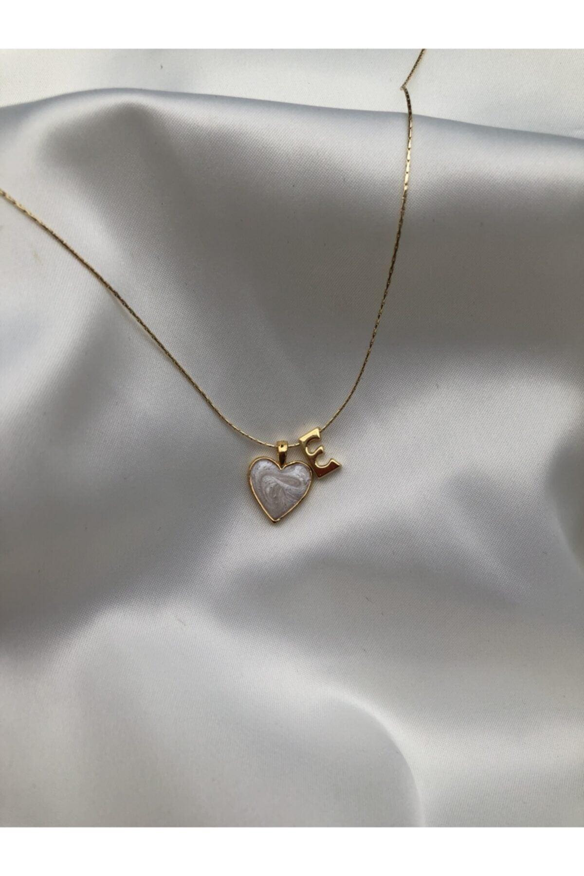 Women's Gold Plated Mother of Pearl Heart Letter E Necklace - Swordslife