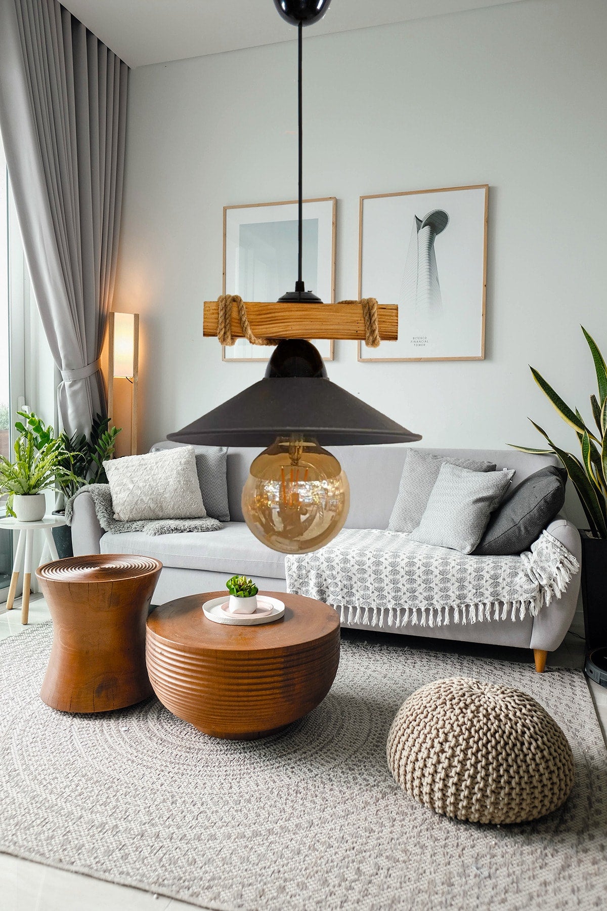 ثريا مايا يو إف أو ذات المصباح المعلق الفردي مع حبل خشبي