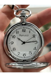 2 Years Warranty Retro Silver Numeral Pocket Watch + Rosary, Bracelet