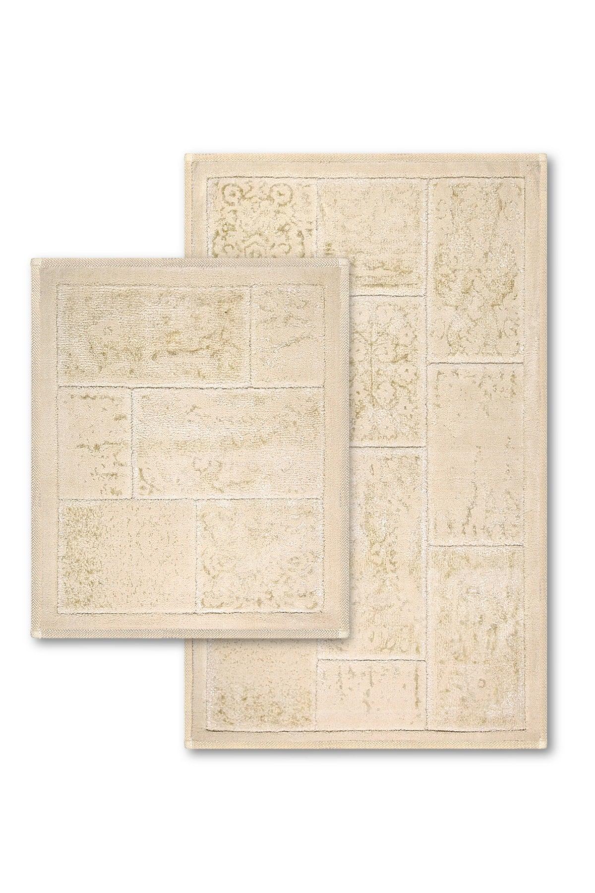 Datça Patchwork Natural Cotton 2 Piece Bathroom Rug Set 60x100 50x60 Cm Ecru - Swordslife