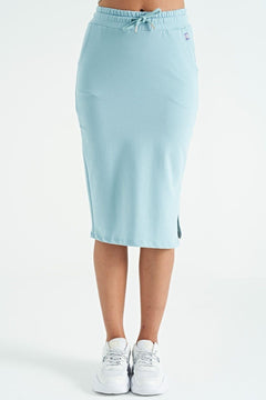 Light blue pencil skirt with side slit and pockets for women