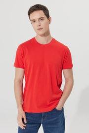 Men'S Red 100% Cotton Slim Fit Slim Fit Crew Neck Short Sleeved T-Shirt