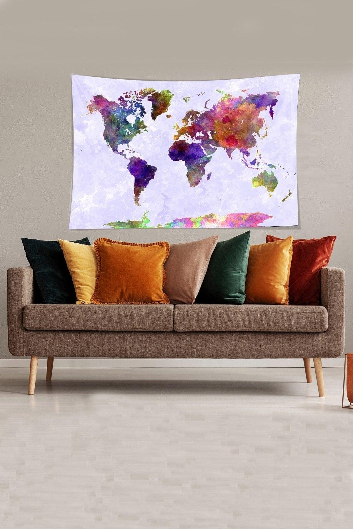 Lilac-blue World Map Patterned Stain Resistant Velvet Fabric Wall Covering Tapestry Tapestry - Swordslife