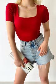 Women's Short Sleeve Square Collar Claret Red Solid Color Viscose Blouse - Swordslife