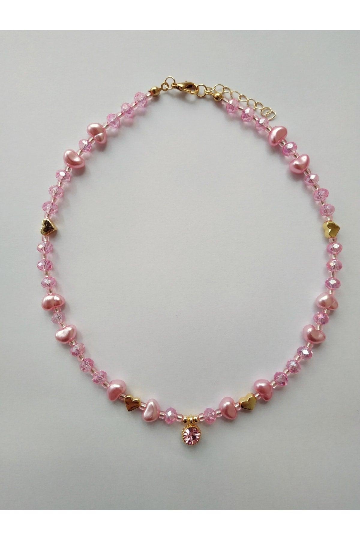 Baroque Pearl Heart Bead Necklace with Pink Glitter Tip - Swordslife