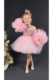 Pink sequined chiffon dress with pompom sleeves and tulle skirt for girls