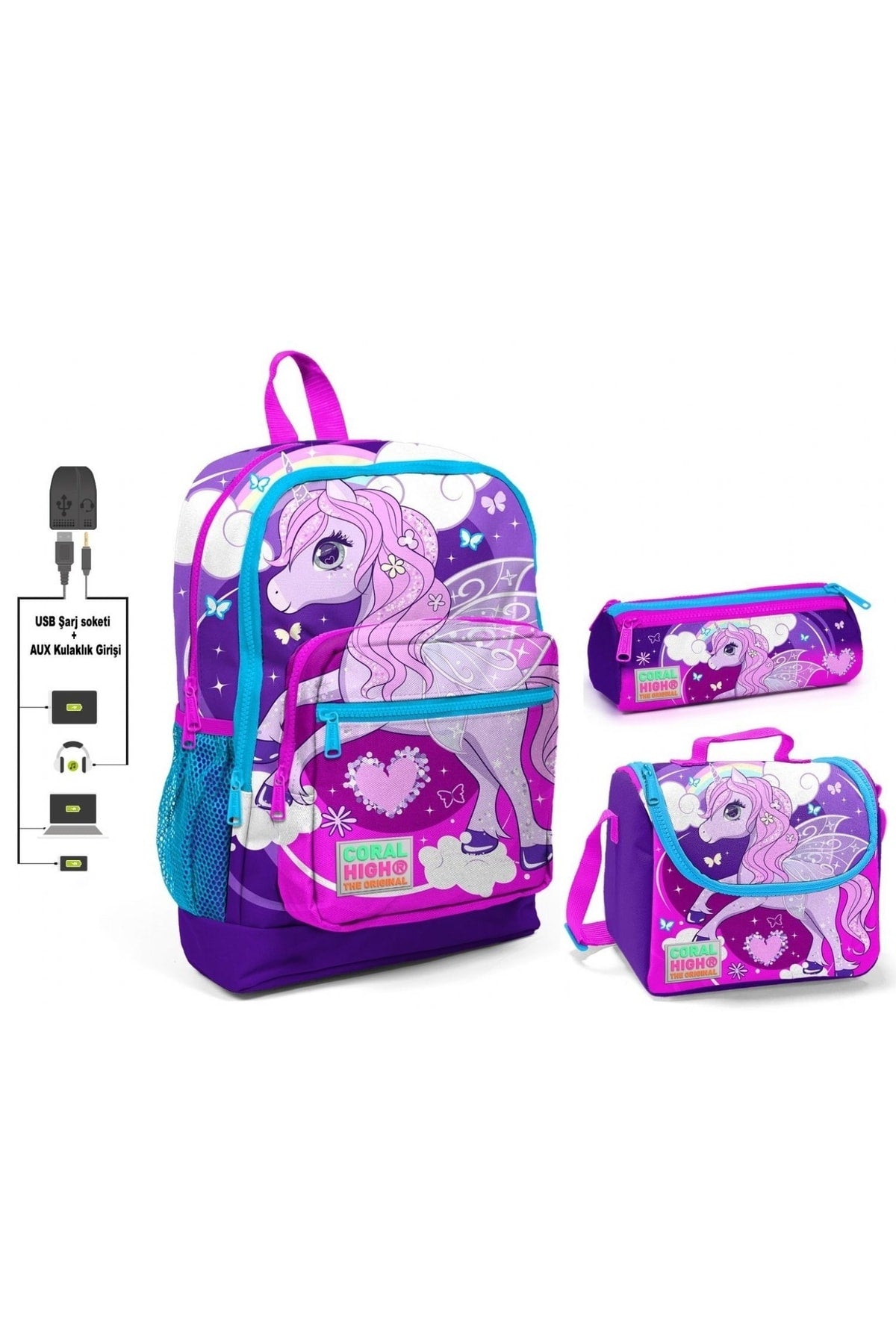 Lilafarbenes Grundschultaschen-Set für Mädchen mit Einhorn-Aufdruck – USB-Ausgang