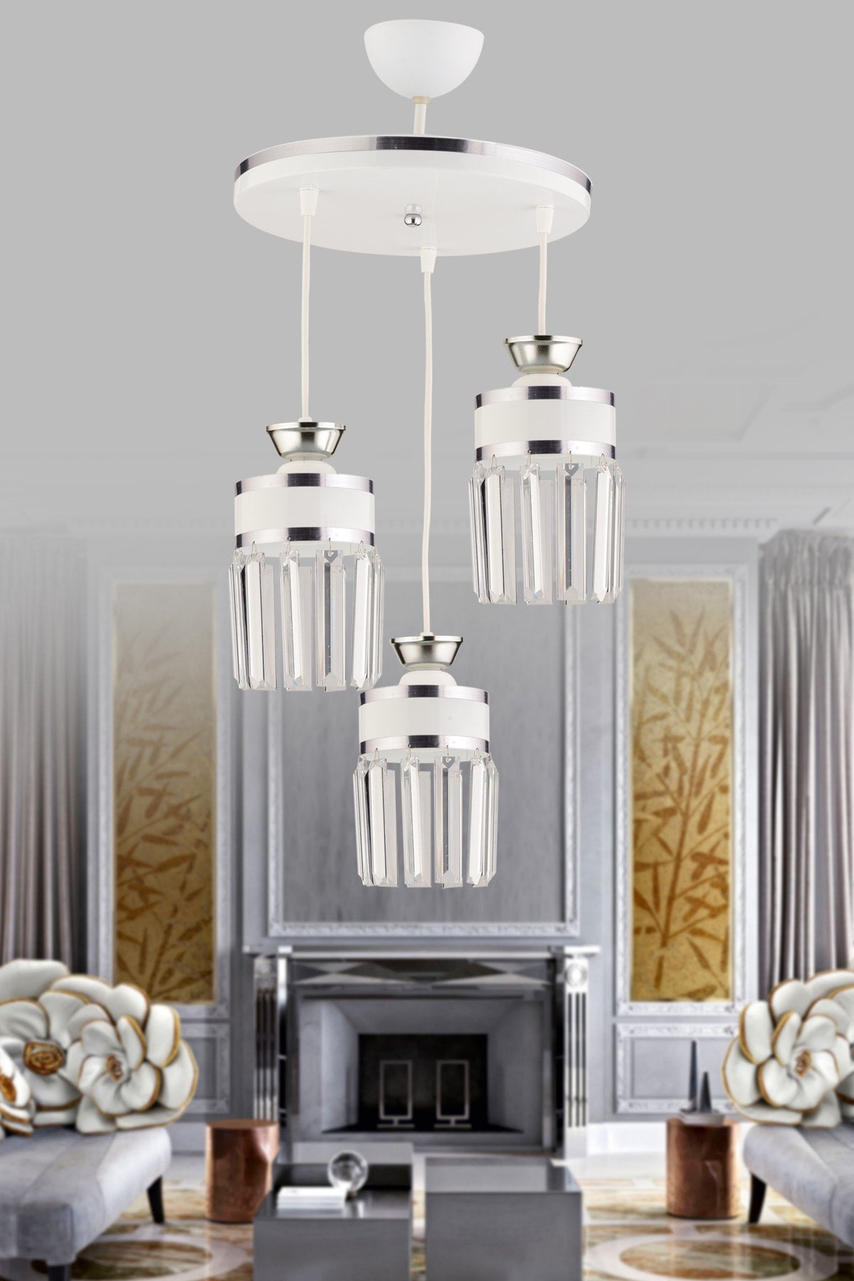 September 3-Piece Pendant Lamp Tray White Chrome Crystal Stone Gilded Modern Luxury Chandelier