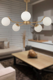 Sara 5 Piece Antique Painted White Glass Modern Young Room Living Room Chandelier Above Dining Table