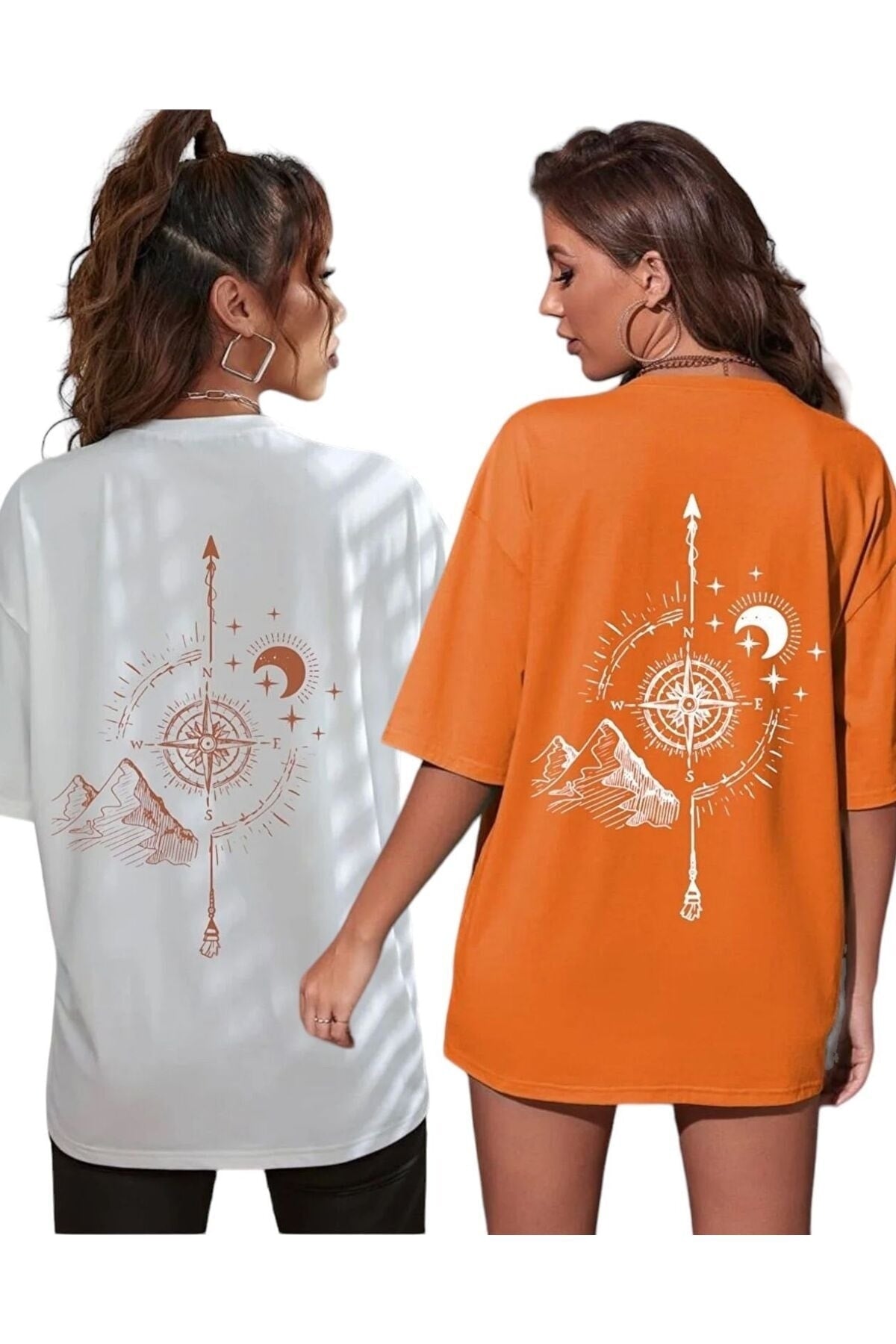 Compass Printed Oversize Unisex T-Shirt 2 Pack (2 Pcs)