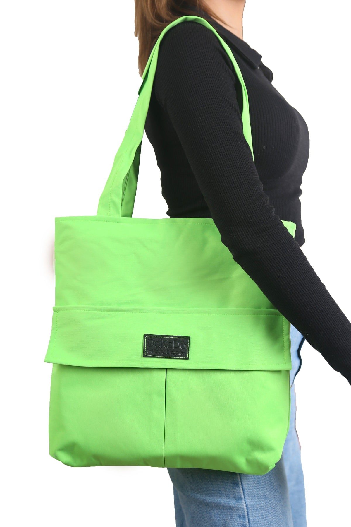 Damen Hellgrüne Tasche Reißverschluss Hand- und Schultertasche Canvas Stoff Einkaufstasche