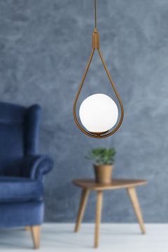 White tumbled glass pendant light with metal base