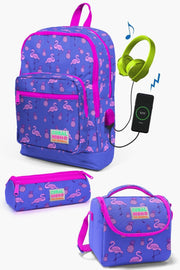 Kids Lavender Pink Flamingo Patterned Usb 3 Pcs School Bag Set Set0123276