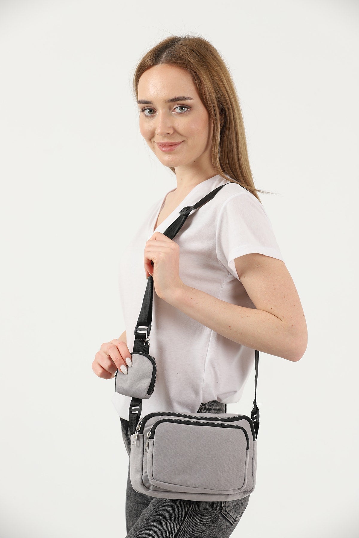 Light Gray U4 Canvas Women'S Cross Shoulder Bag With 2 Compartments And Wallet With Adjustable Strap B:17 E:22 G: