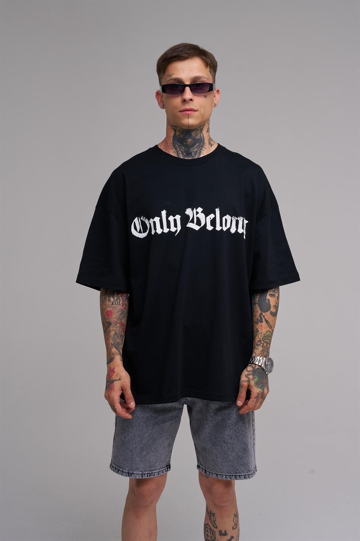 Unisex Large Size Only Belong Printed Cotton T-Shirt Black