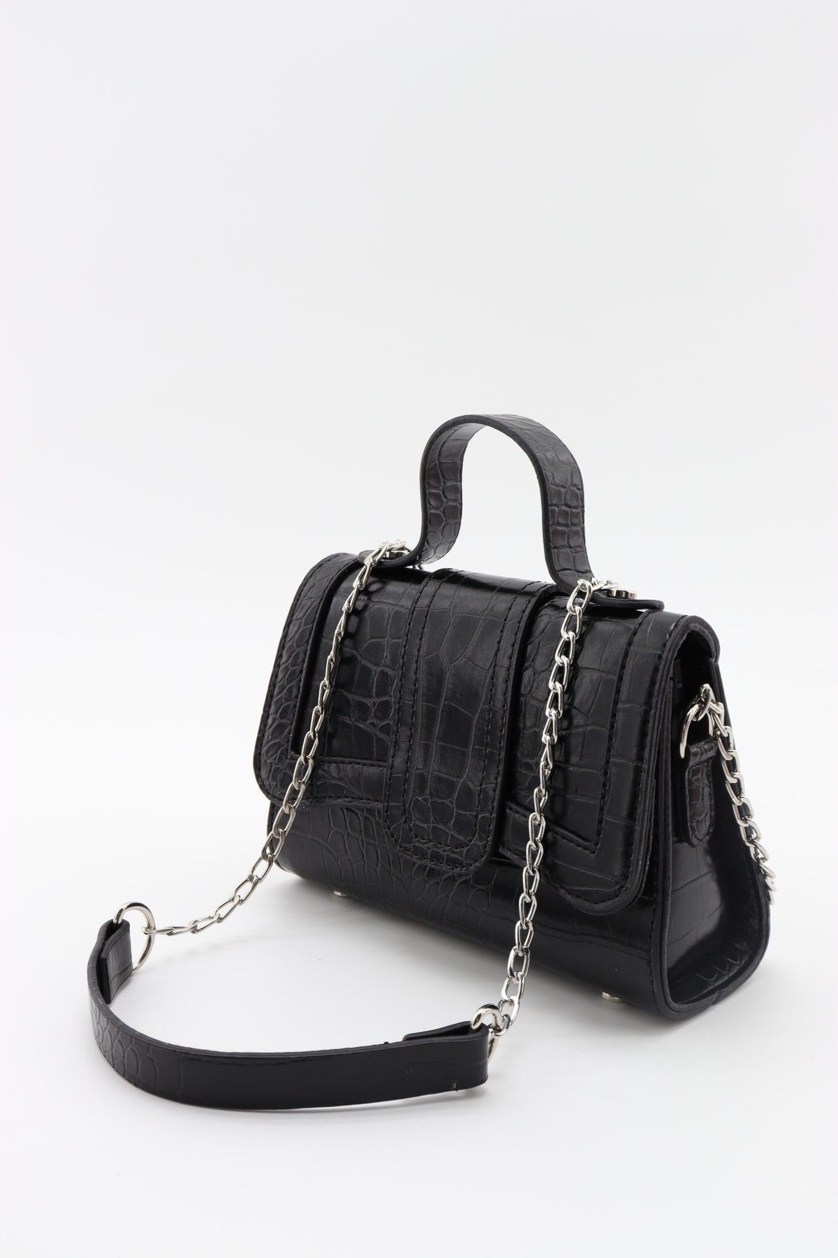 Schwarze Mini-Hand- und Schultertasche aus Leder für Damen mit Kettenriemen