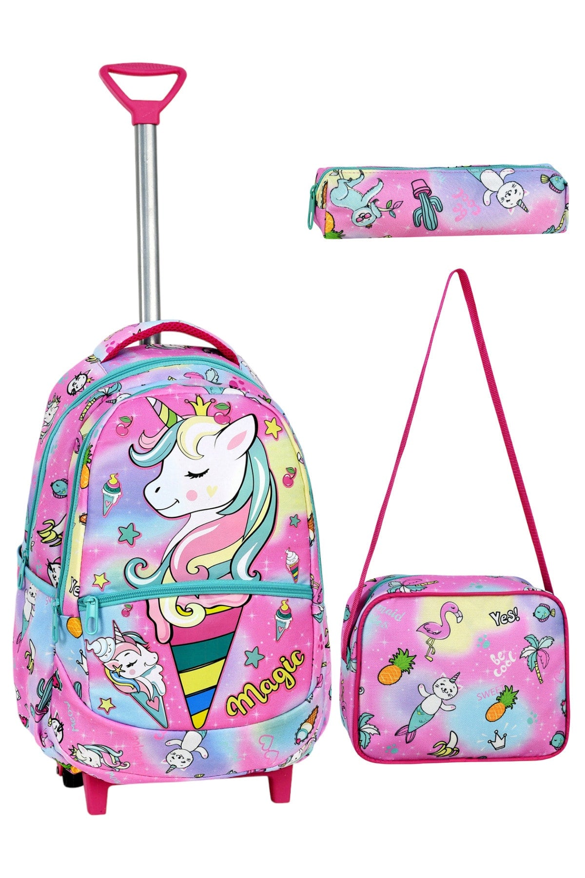 3-Pack School Set With Squeegee, Unicorn Pattern Primary School Bag + Lunch Box + Pencil Holder