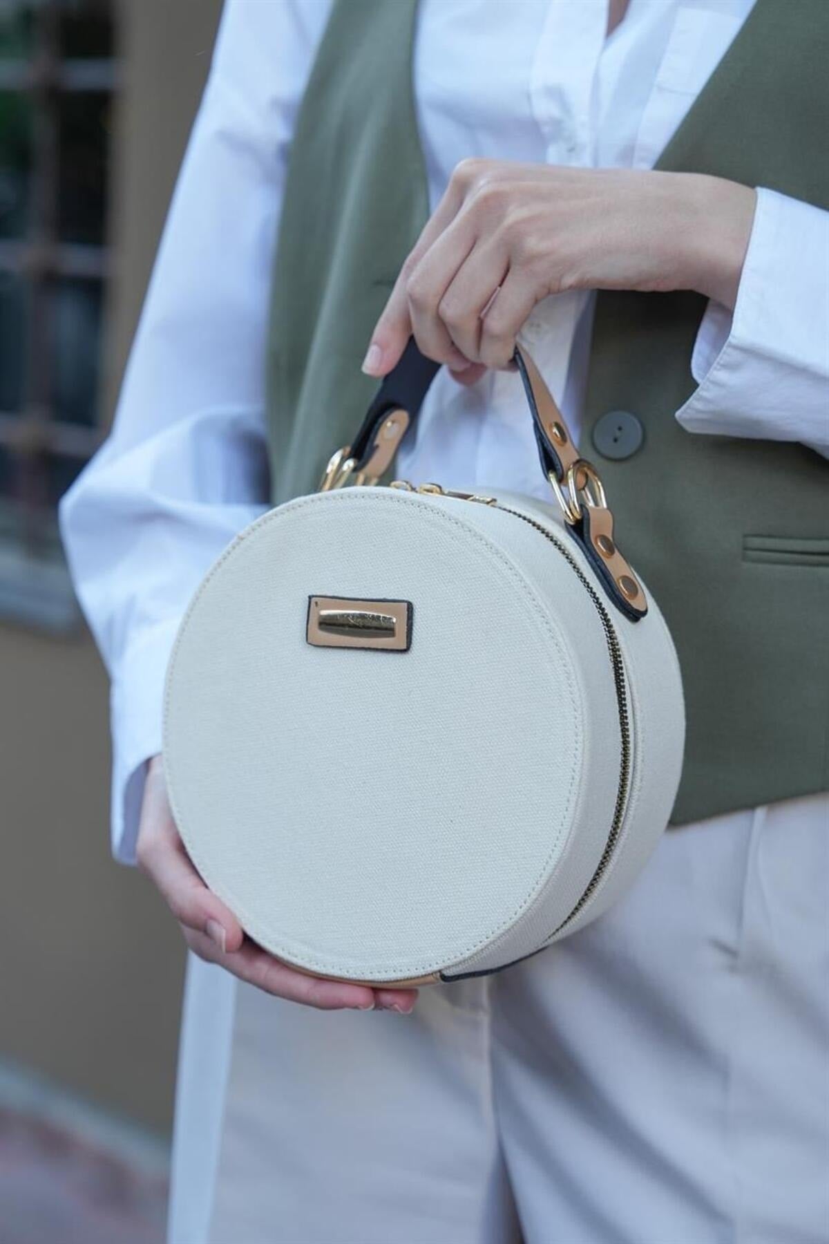 Canvas - Creme Camel Damen Runde Umhängetasche