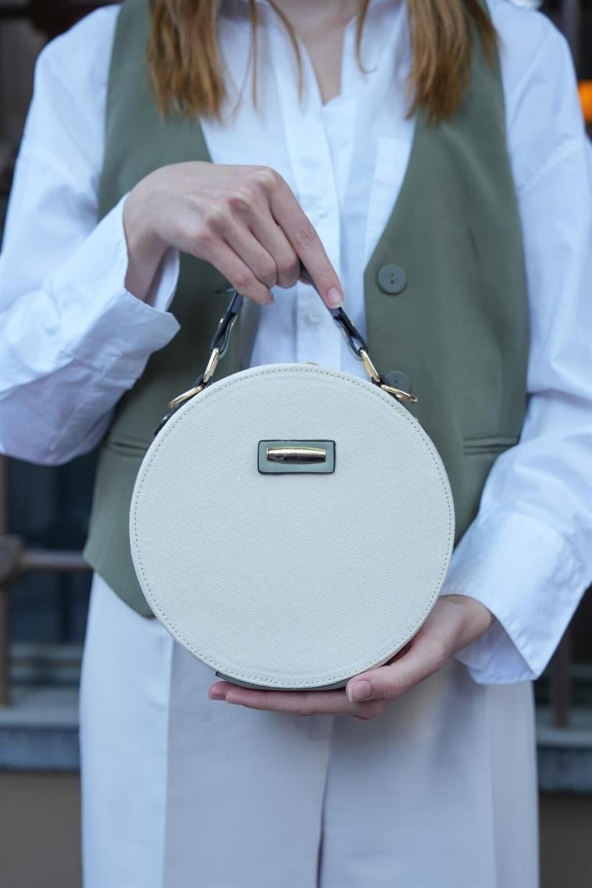 Canvas - Creme Mint Damen Runde Umhängetasche