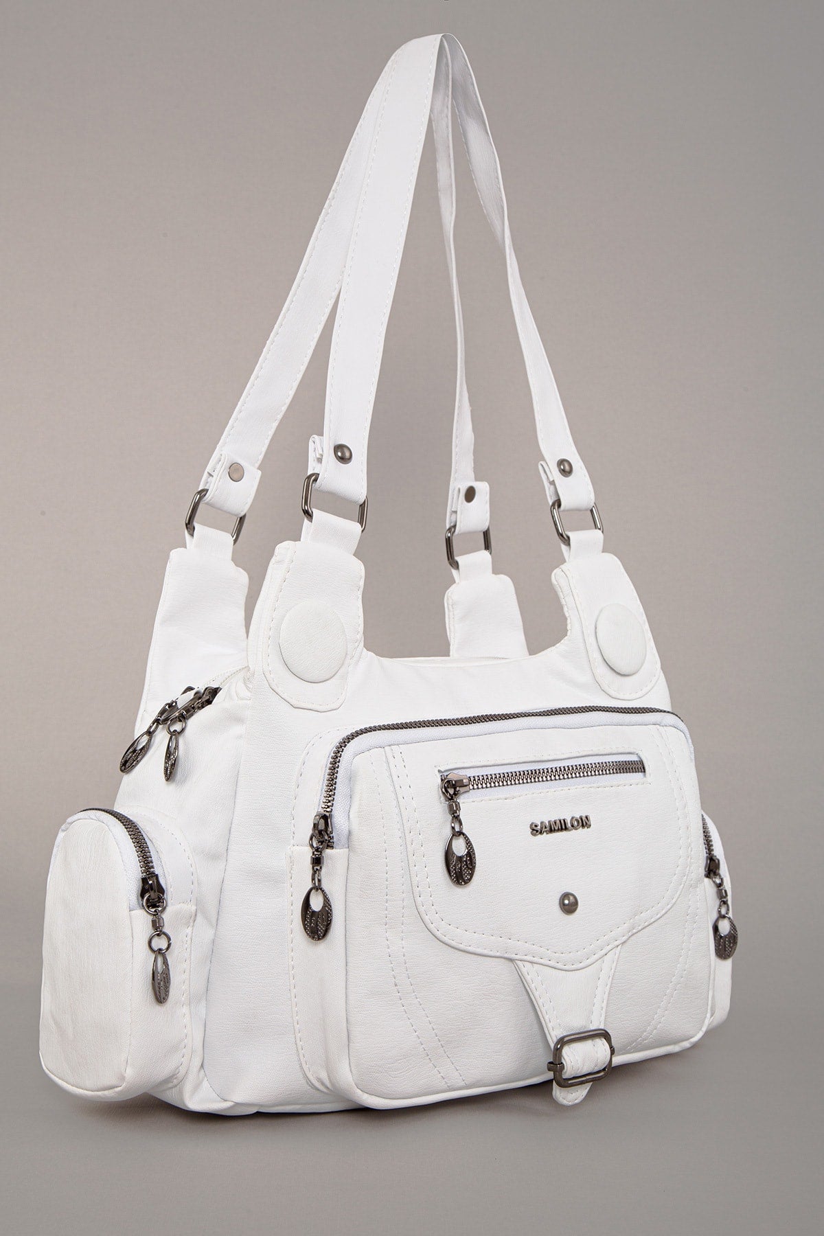 Damen-Schulter- und Handtasche aus weißem Waschleder mit mehreren Fächern