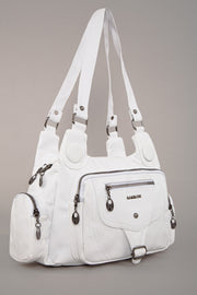 Women'S White Wash Leather Multi-Section Shoulder And Hand Bag