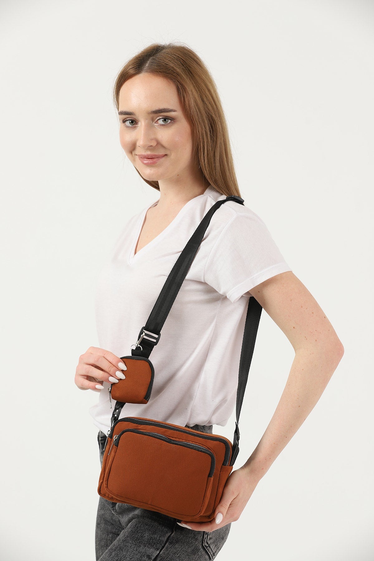 Tile U4 Canvas Damen Cross-Schultertasche mit 2 Fächern und Geldbörse mit verstellbarem Riemen B:17 E:22 G:1