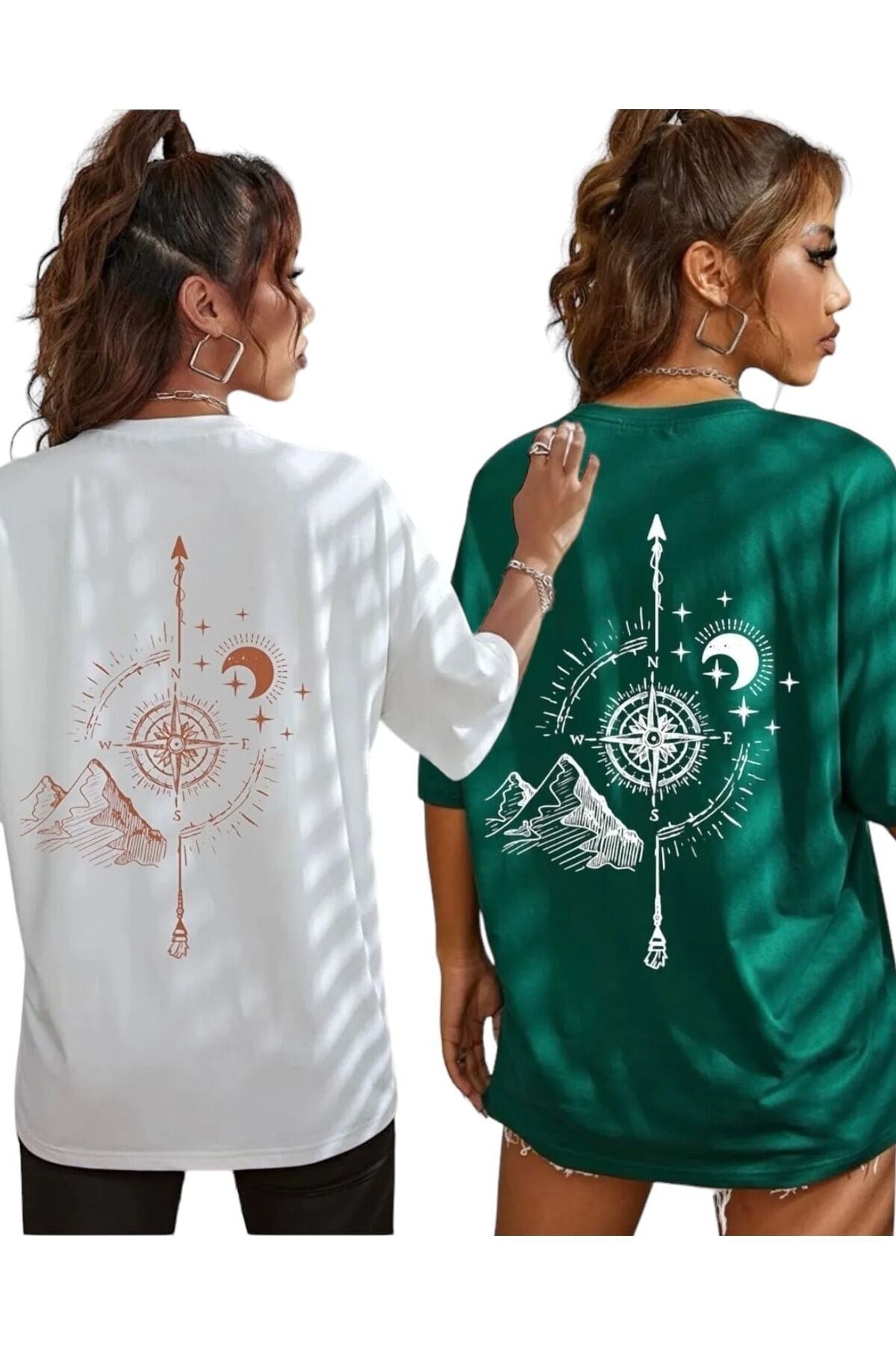 Compass Printed Oversize Unisex T-Shirt 2 Pack (2 Pcs)
