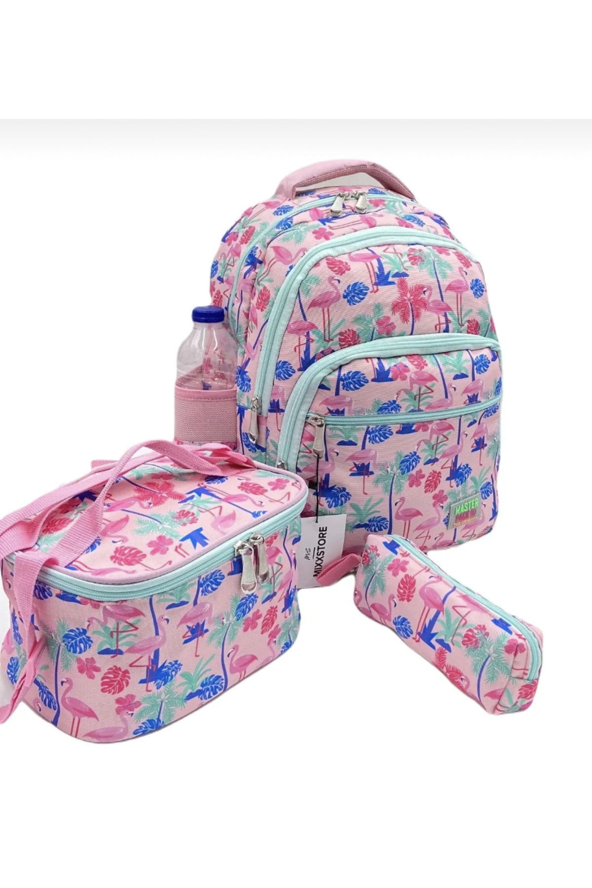 Flamingo gemusterter rosafarbener Master Pack-Rucksack für Mädchen, Grundschultasche mit Essens- und Bleistifthalter