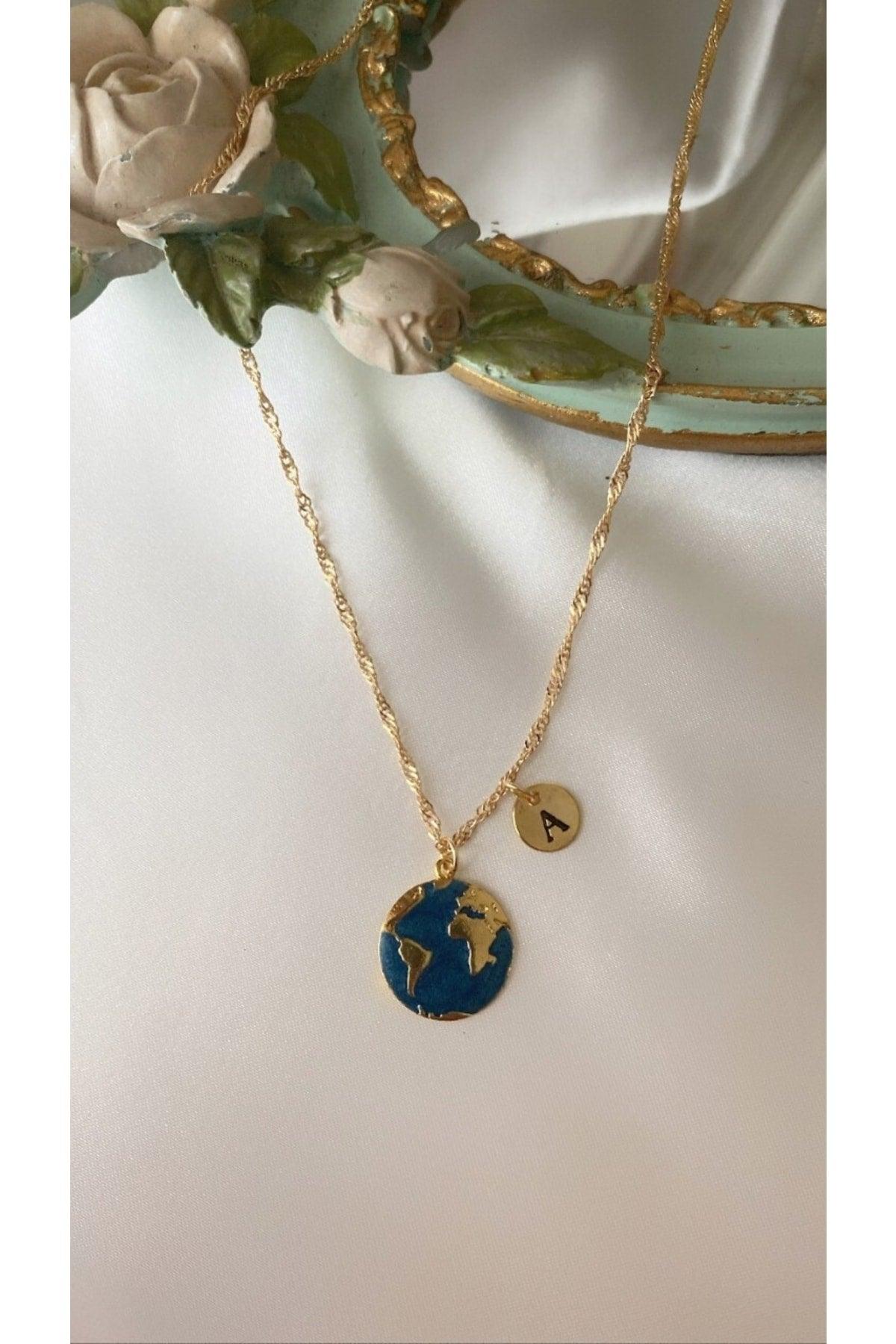 Letter A Navy Blue Enamel World Necklace - Swordslife