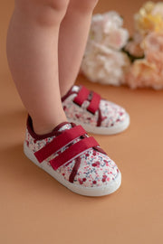 Floral Patterned Double Velcro Linen Children'S Sports Shoes-Burgundy-F-498