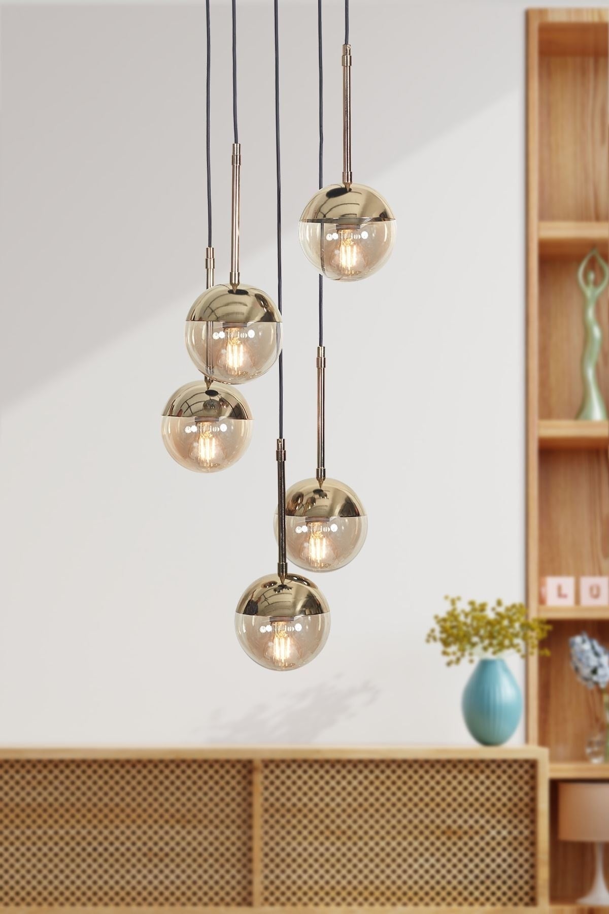 Nova 5 Li Gold-Schwarz Metall Körper Design Luxus Pendelleuchte Kronleuchter mit Honig farbigen Glas