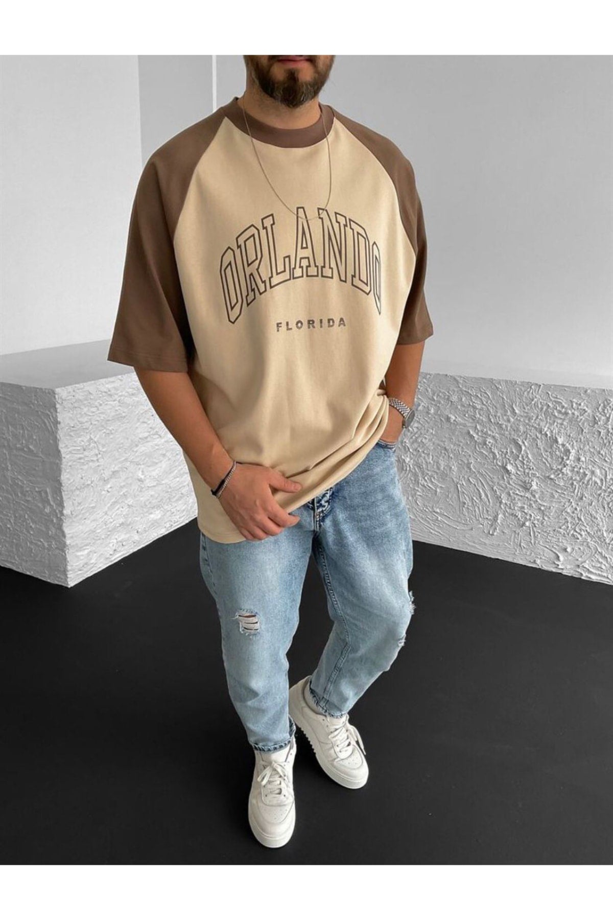 Plus Size Orlando Florida Printed Beige Oversize T-Shirt