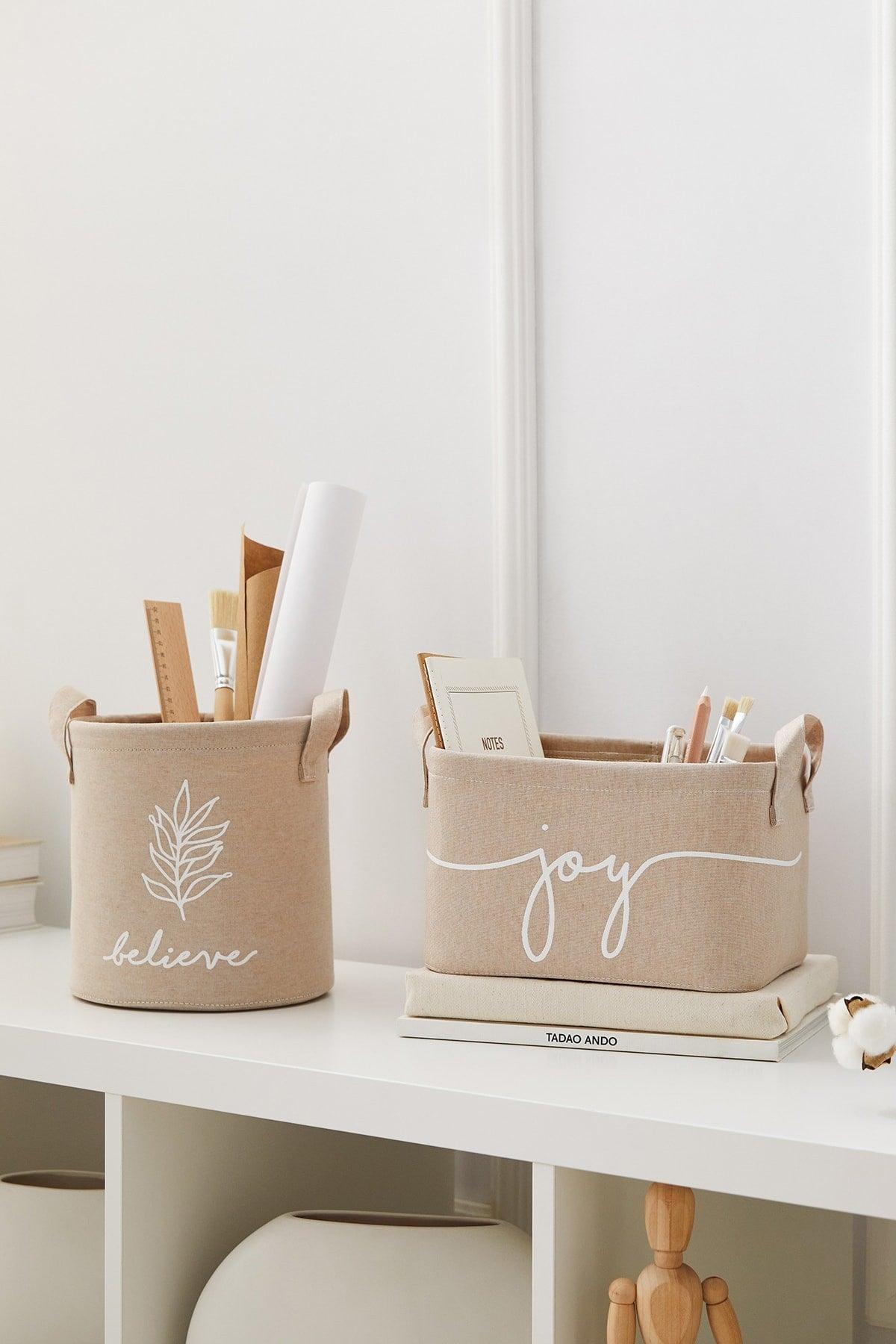 Set of 2 Beige Color Printed Basket 24x17x14 + 20x20 - Swordslife