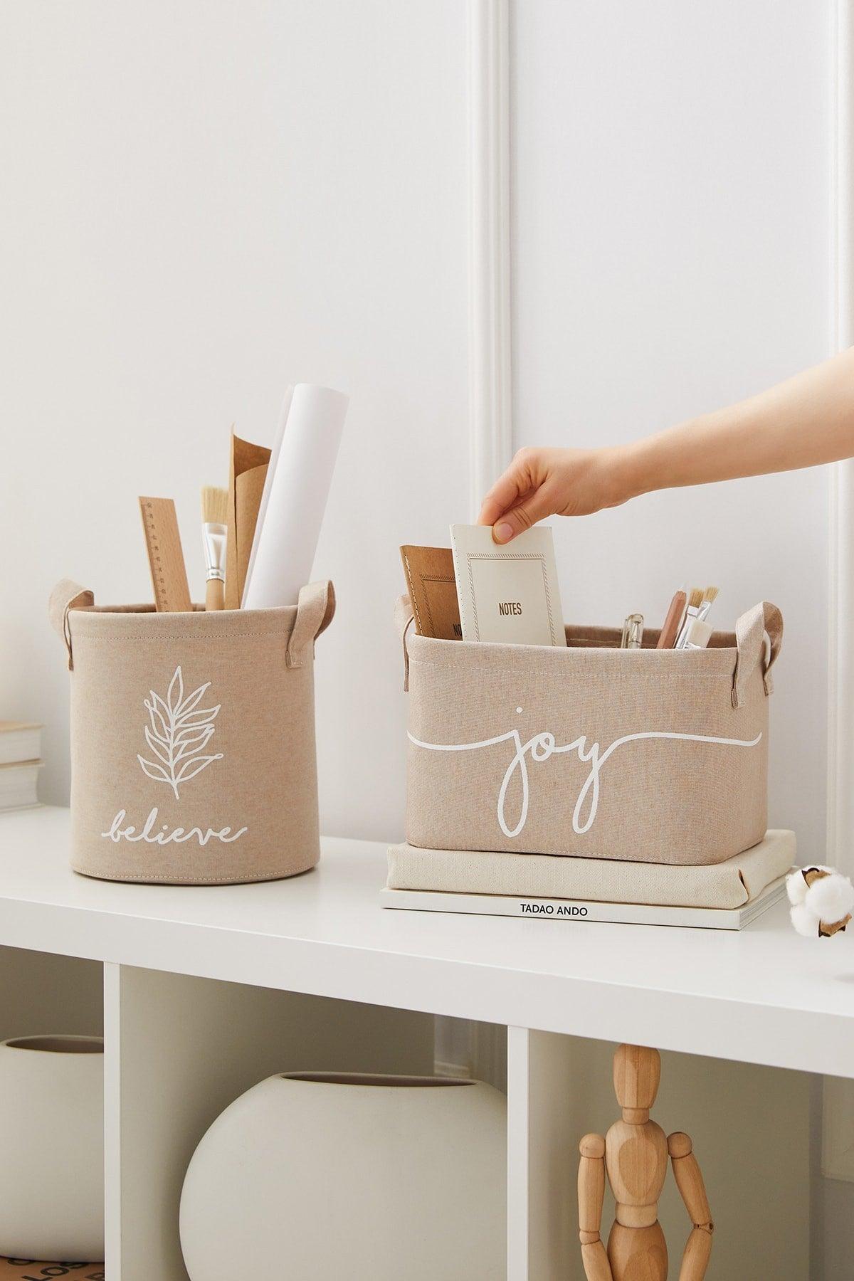 Set of 2 Beige Color Printed Basket 24x17x14 + 20x20 - Swordslife