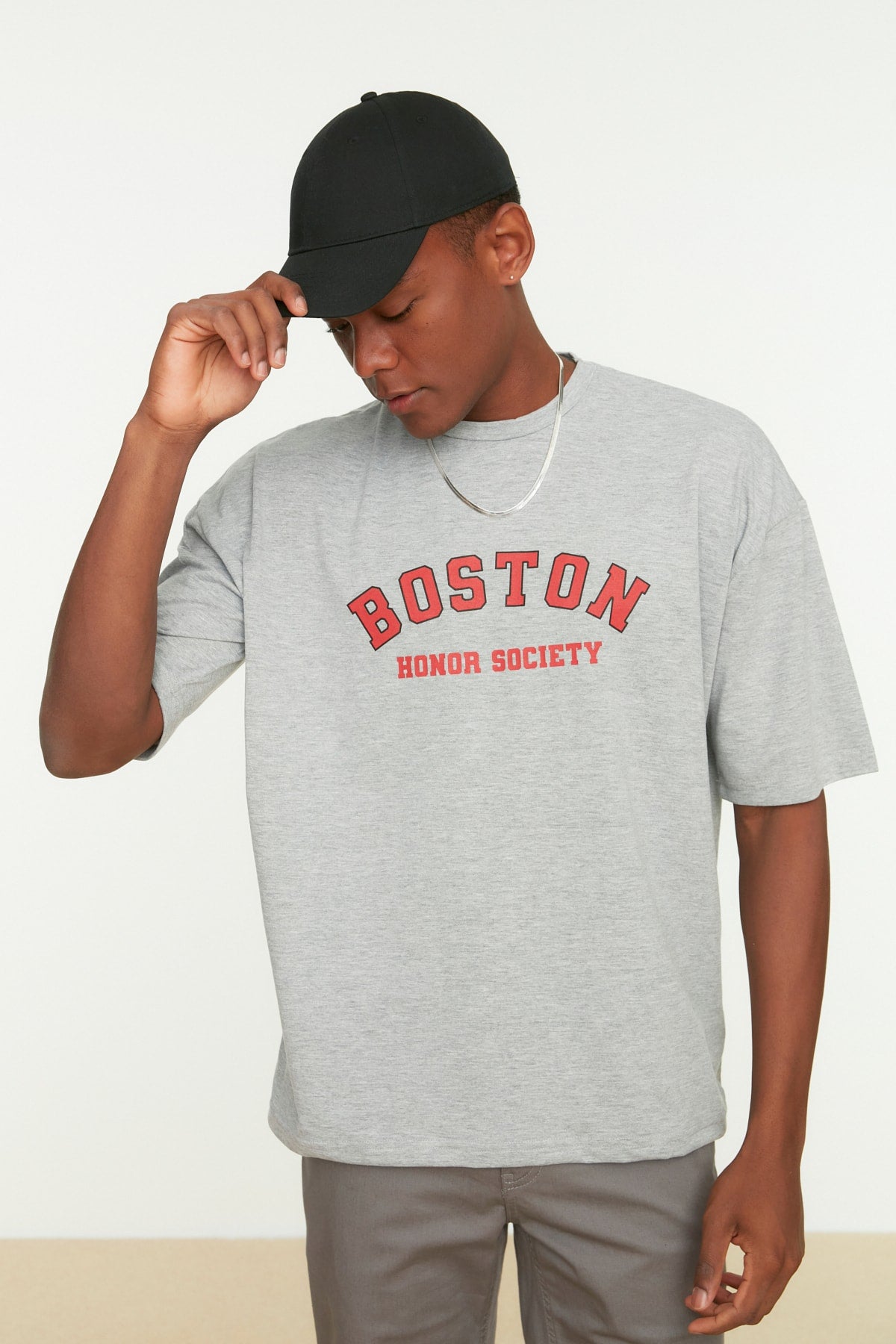 Gray Men'S Oversize Crew Neck Short Sleeve Text Printed T-Shirt Tmnss21Ts1217