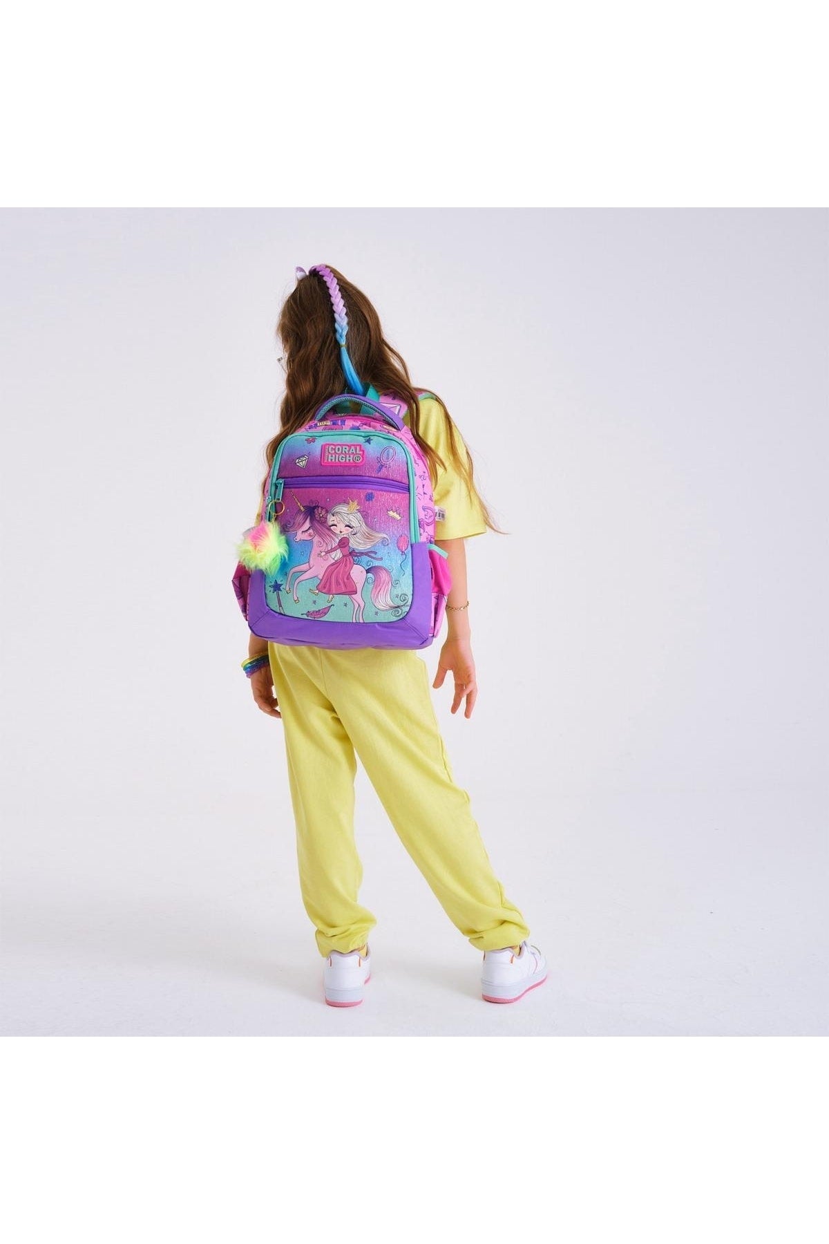 Kinder-Schulrucksack mit drei Fächern, Hellrosa/Lila, Einhorn-Prinzessinnen-Muster, 23481