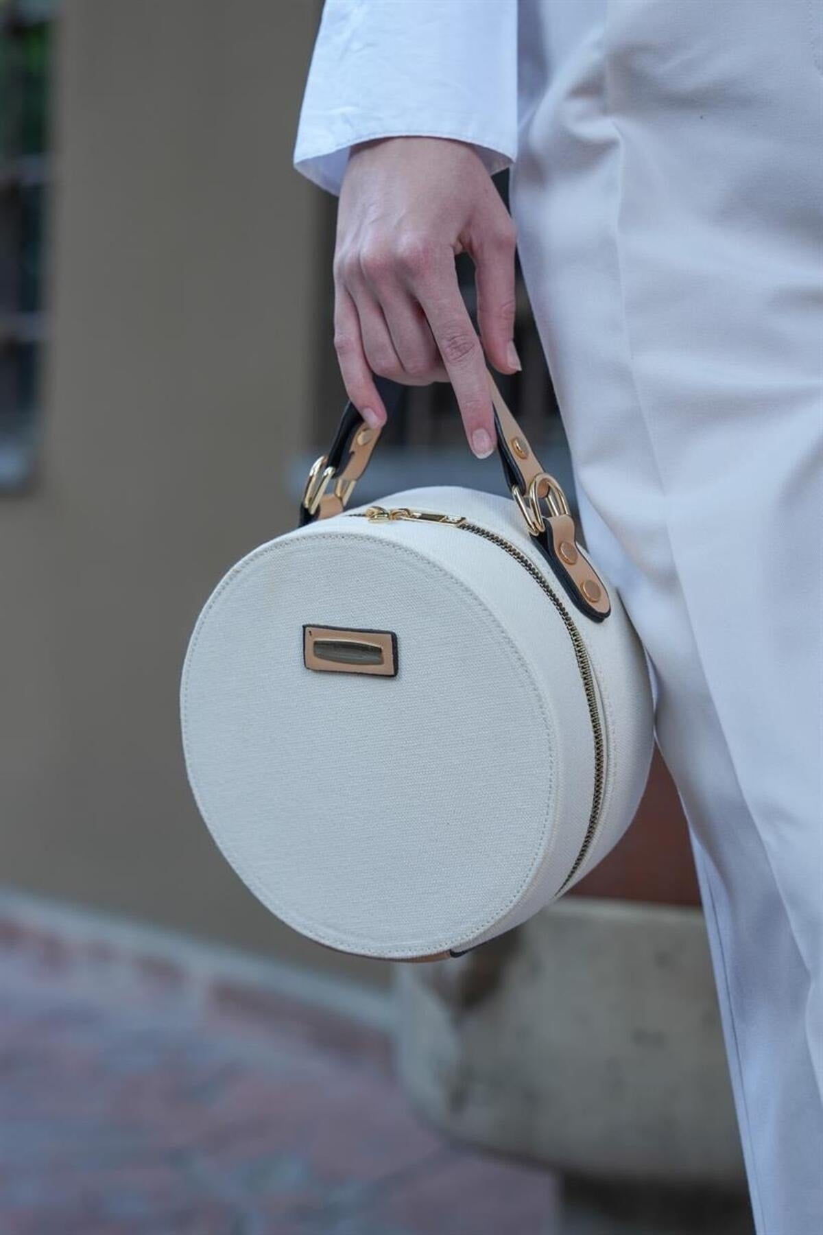 Canvas - Creme Camel Damen Runde Umhängetasche