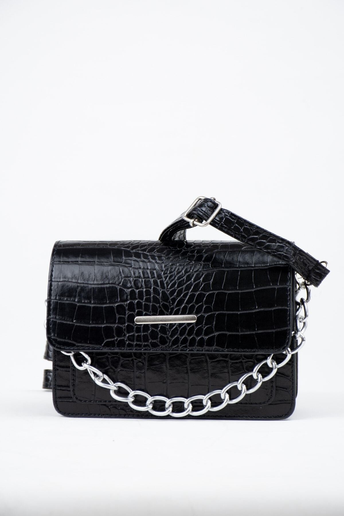 Schwarze Clutch mit Krokodilmuster für Damen, Baguette-Tasche mit Kettenriemen