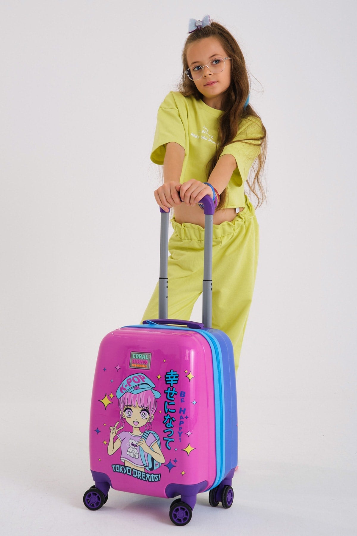 Lila, Rosa und Blauer Kinderkoffer mit K-Pop-Muster 16727