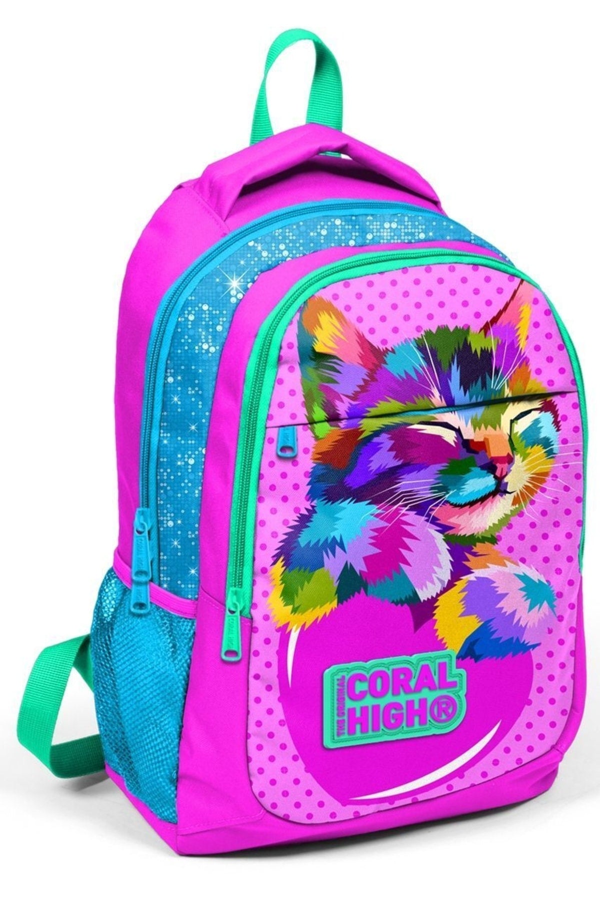 Coral High Pink Cat Girl Grundschultaschen-Set – Rucksack + Ernährung + Stiftehalter