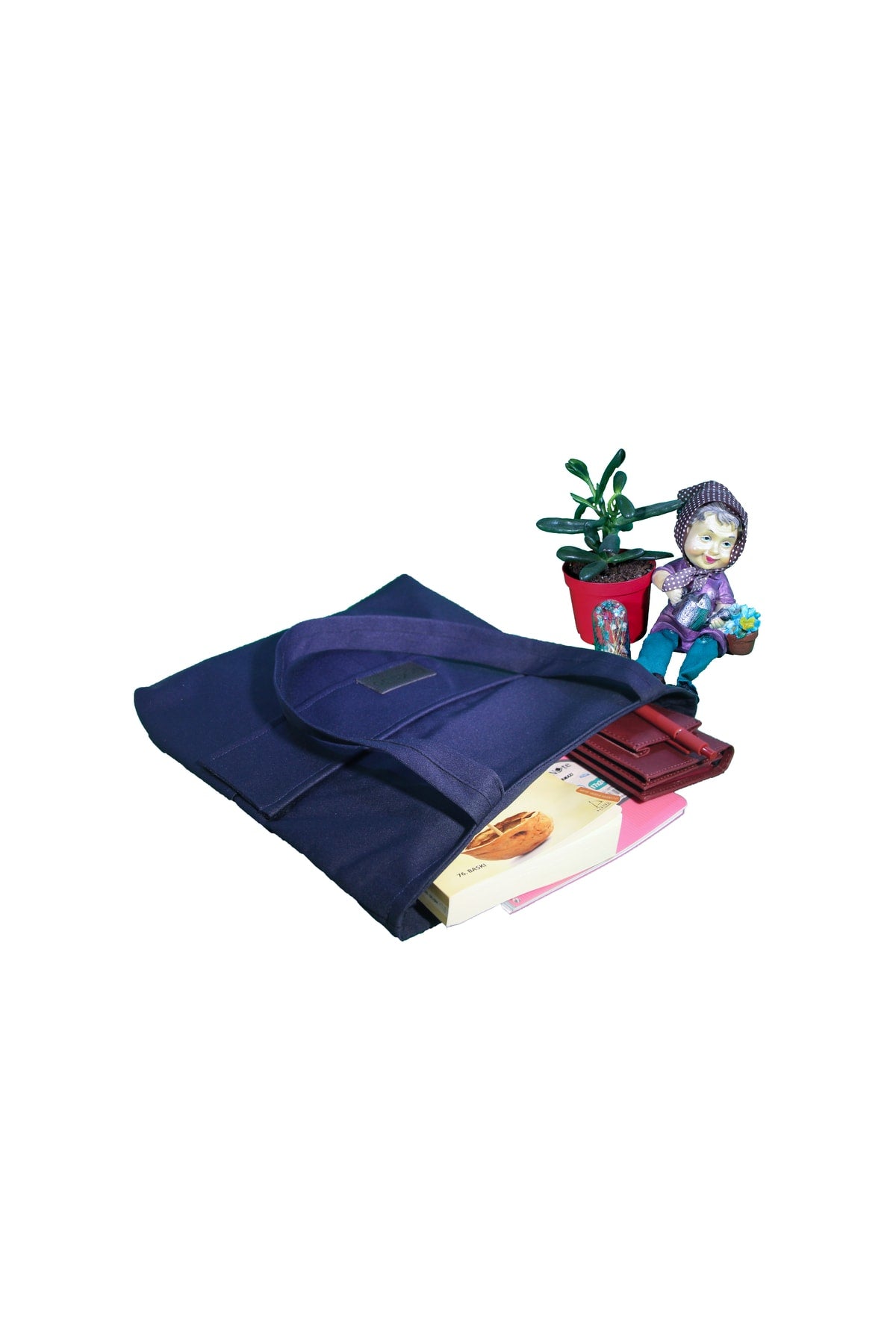 Damen Marineblau Tasche Reißverschluss Hand und Schultertasche Canvas Stoff Einkaufstasche