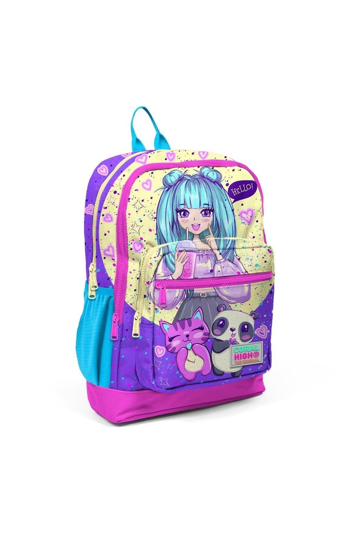 Kinder Lila Rosa Anime Mädchen Gemustertes USB 3-teiliges Schulranzen-Set Set0123835