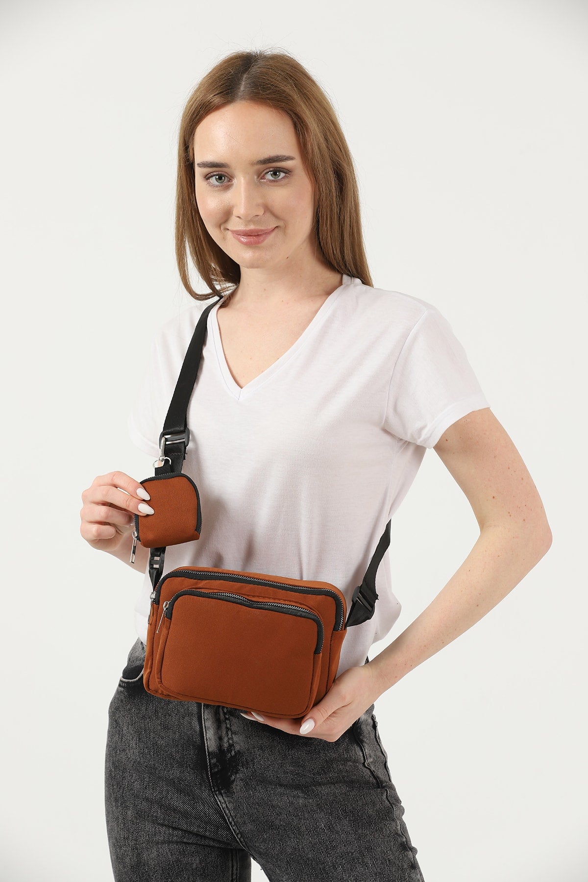 Tile U4 Canvas Damen Cross-Schultertasche mit 2 Fächern und Geldbörse mit verstellbarem Riemen B:17 E:22 G:1