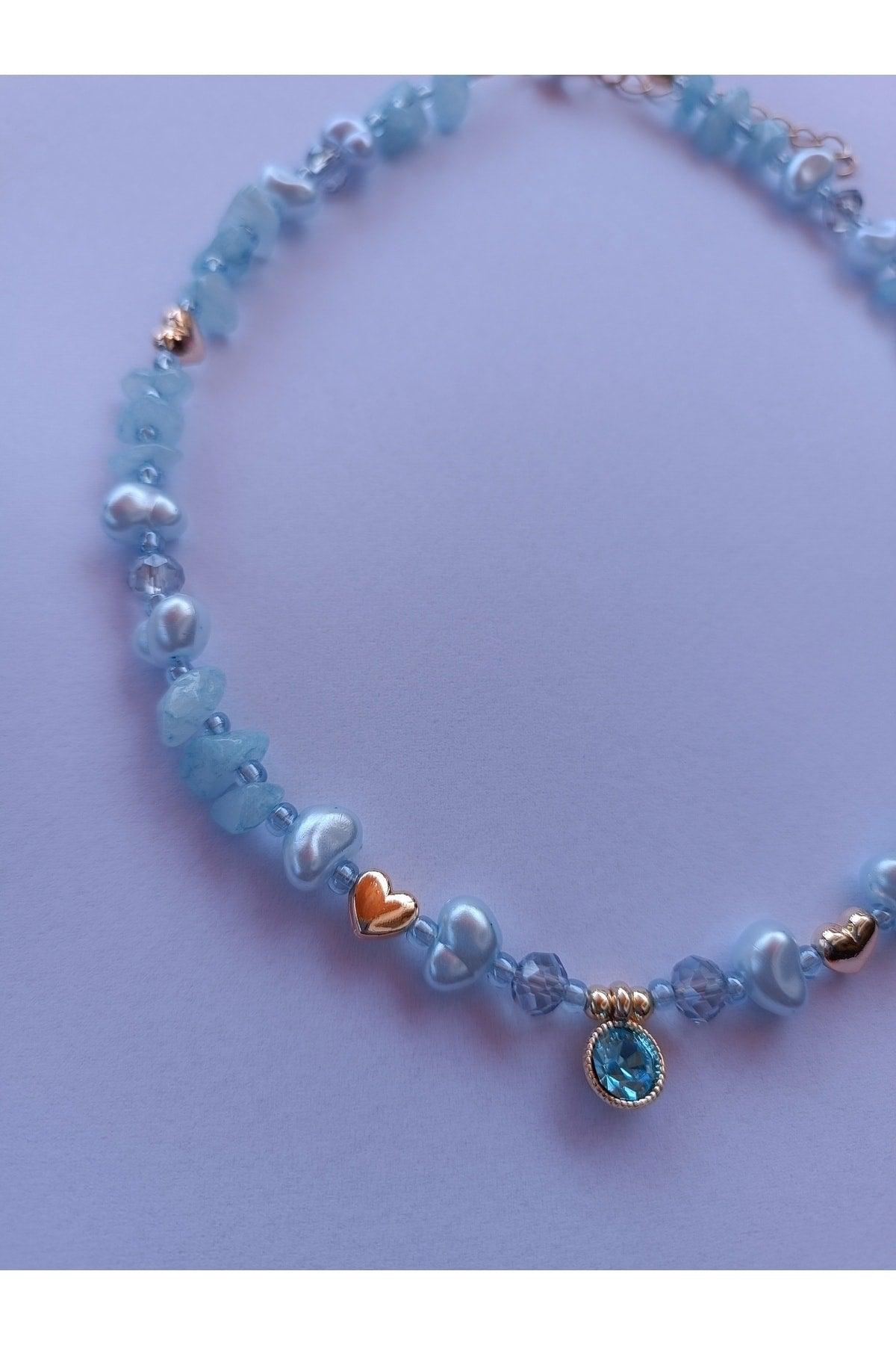 Aqua Marin Natural Stone Blue Glitter Heart Necklace - Swordslife