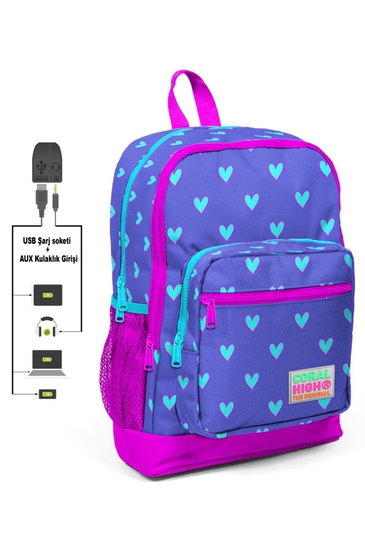 Grundschulranzen-Set für Mädchen mit Herz-Print – USB-Ausgang