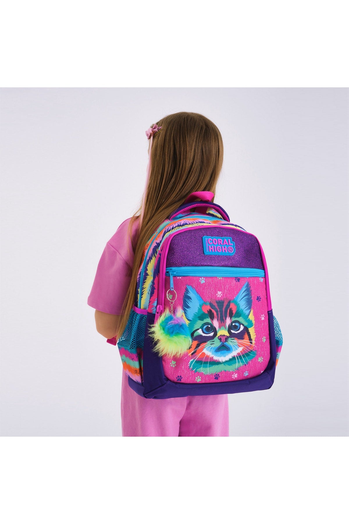 Kinder-Schulrucksack mit drei Fächern, lila/rosa, Katzenmuster, 23477