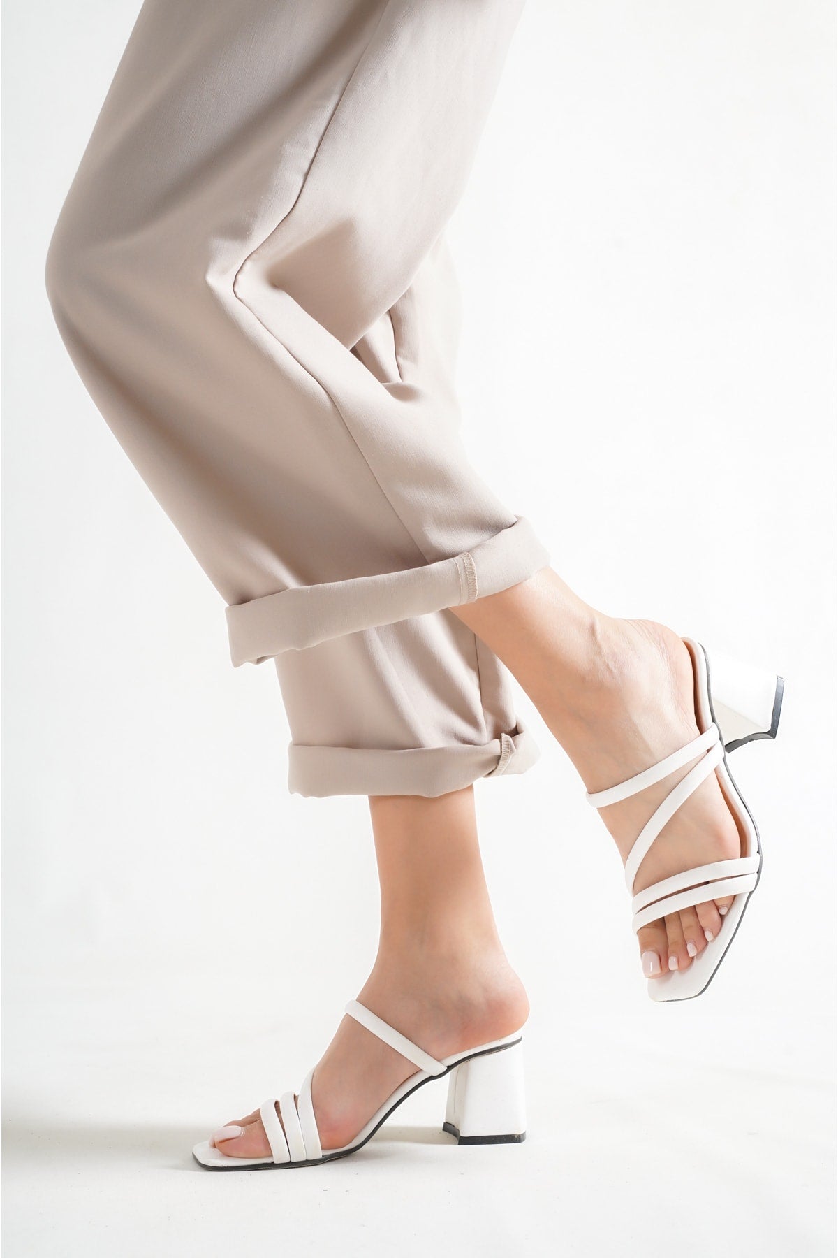 Women's White Leather Heeled Slippers Sandals Ba20888