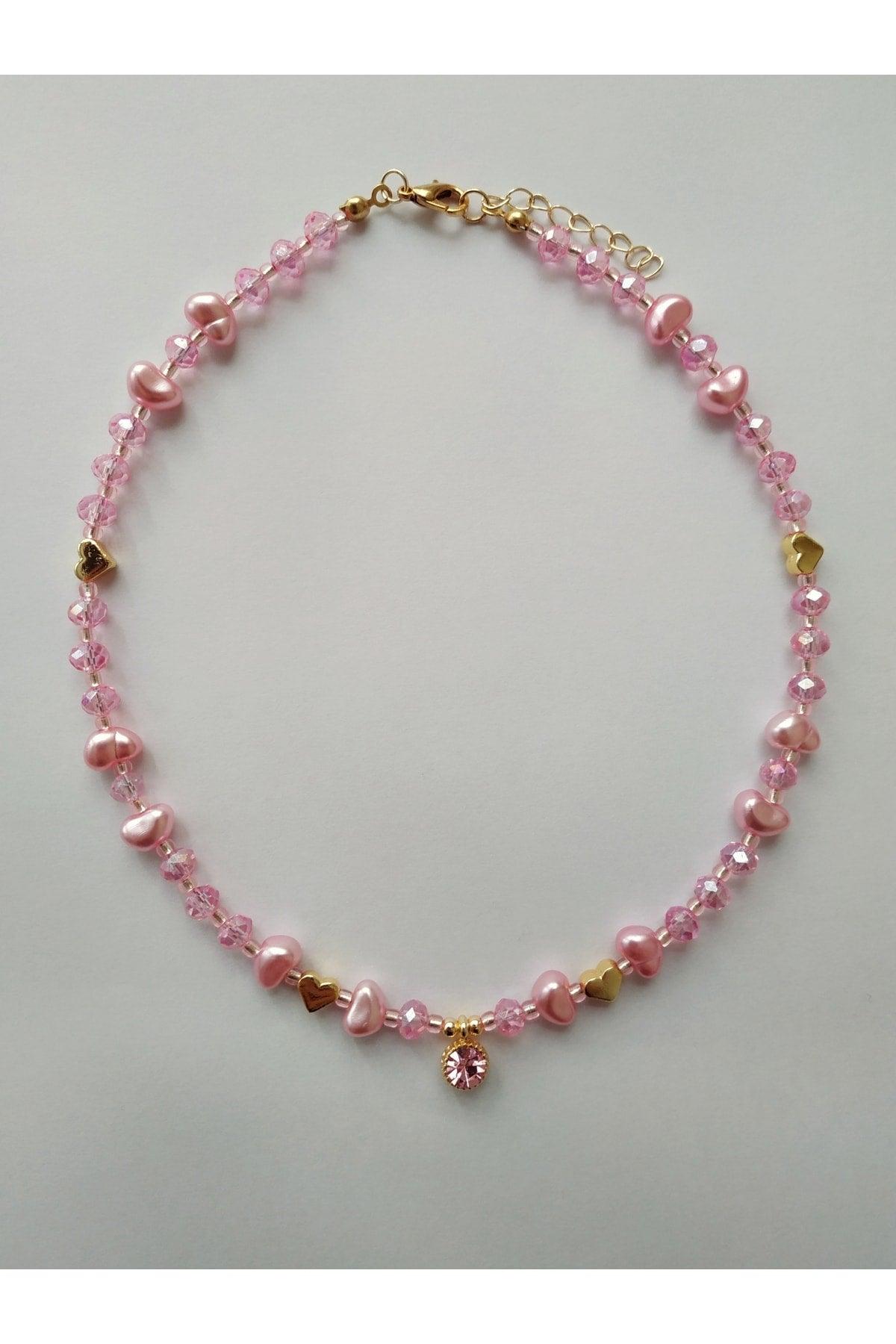 Baroque Pearl Heart Bead Necklace with Pink Glitter Tip - Swordslife