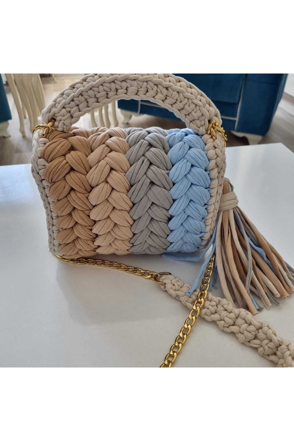 Buntes Erdnussmuster für Damen, handgefertigt, gehäkelte Tasche aus gekämmter Baumwolle und luxuriöse Hand-, Schulter- und Umhängetasche